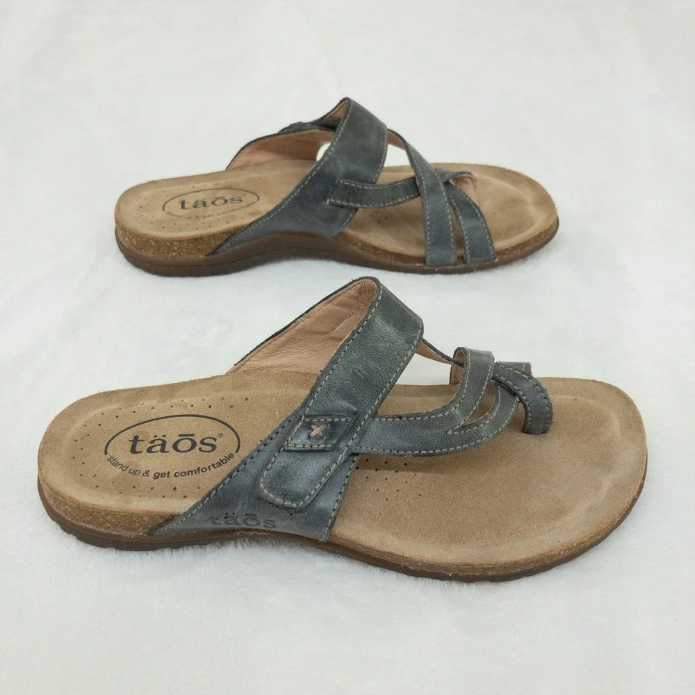Taos Perfect Sandals Womens 7 Gray Leather Strappy Adjustable Comfort Thong